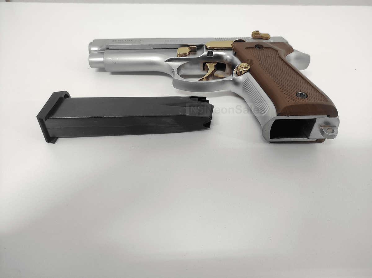 BLOW F92 BLANK GUN - MATTE CHROME W/ GOLD FEATURES