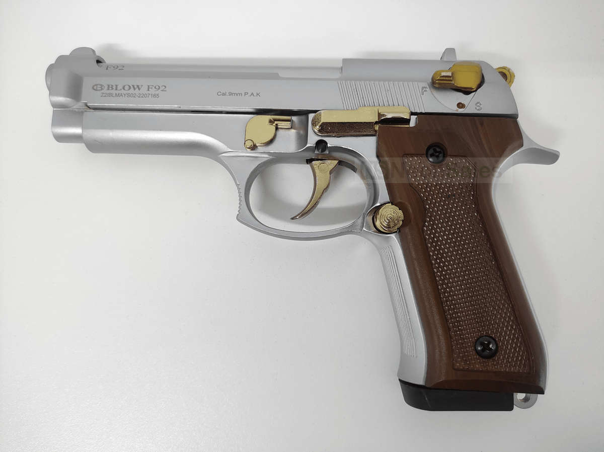 BLOW F92 BLANK GUN - MATTE CHROME W/ GOLD FEATURES