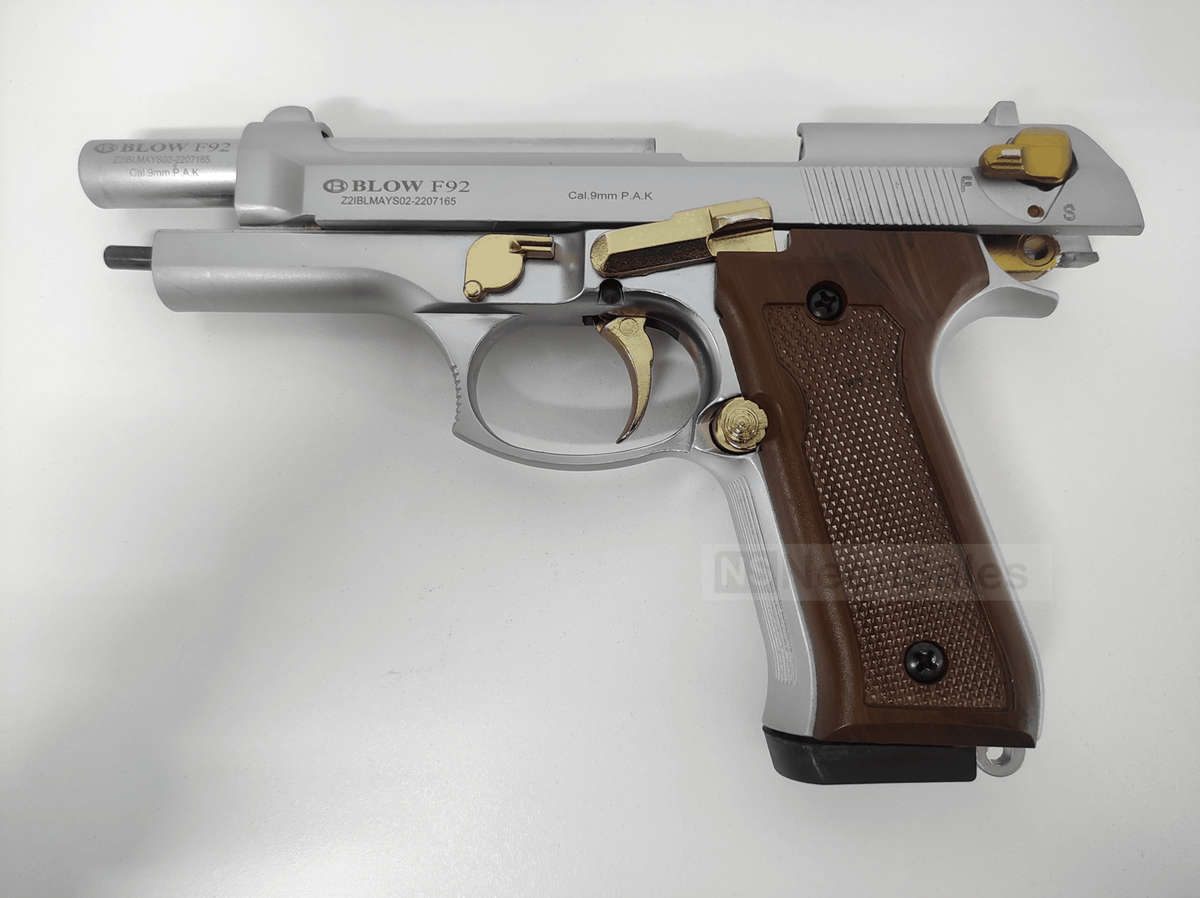 BLOW F92 BLANK GUN - MATTE CHROME W/ GOLD FEATURES