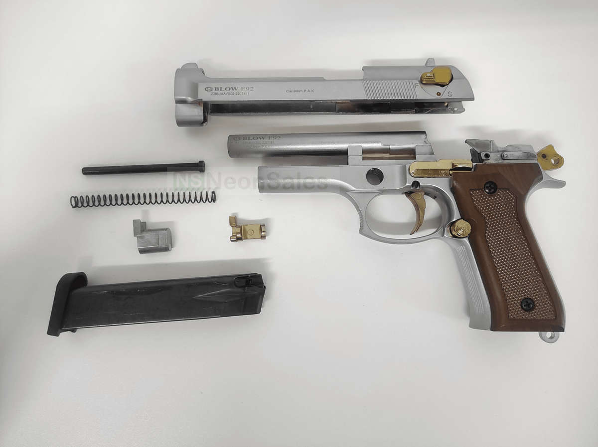 BLOW F92 BLANK GUN - MATTE CHROME W/ GOLD FEATURES