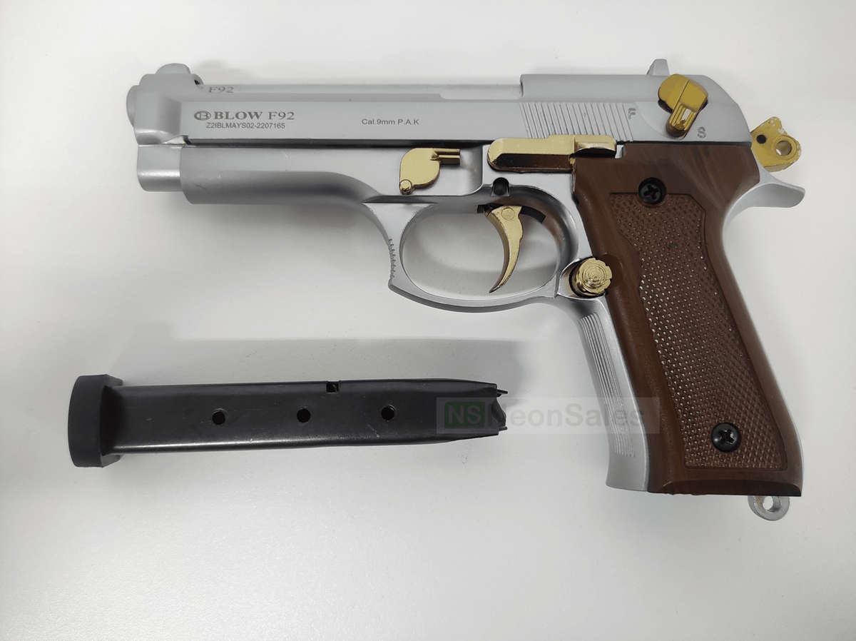 BLOW F92 BLANK GUN - MATTE CHROME W/ GOLD FEATURES