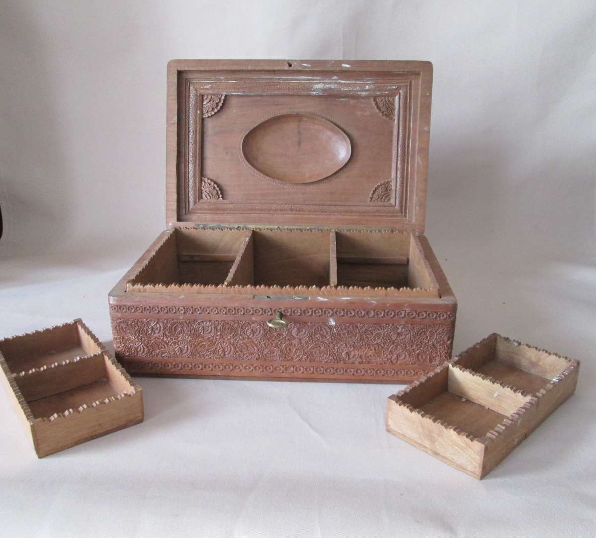 Vintage Wood Carved Jewel Box with key