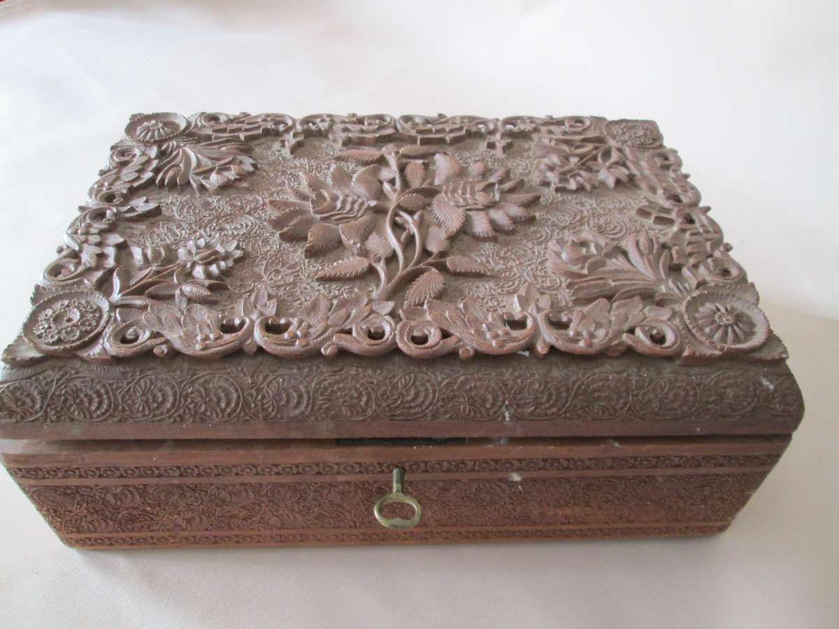 Vintage Wood Carved Jewel Box with key