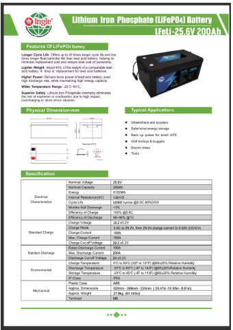 Ingle 25.6V 200AH 5.12KWH Lithium Battery