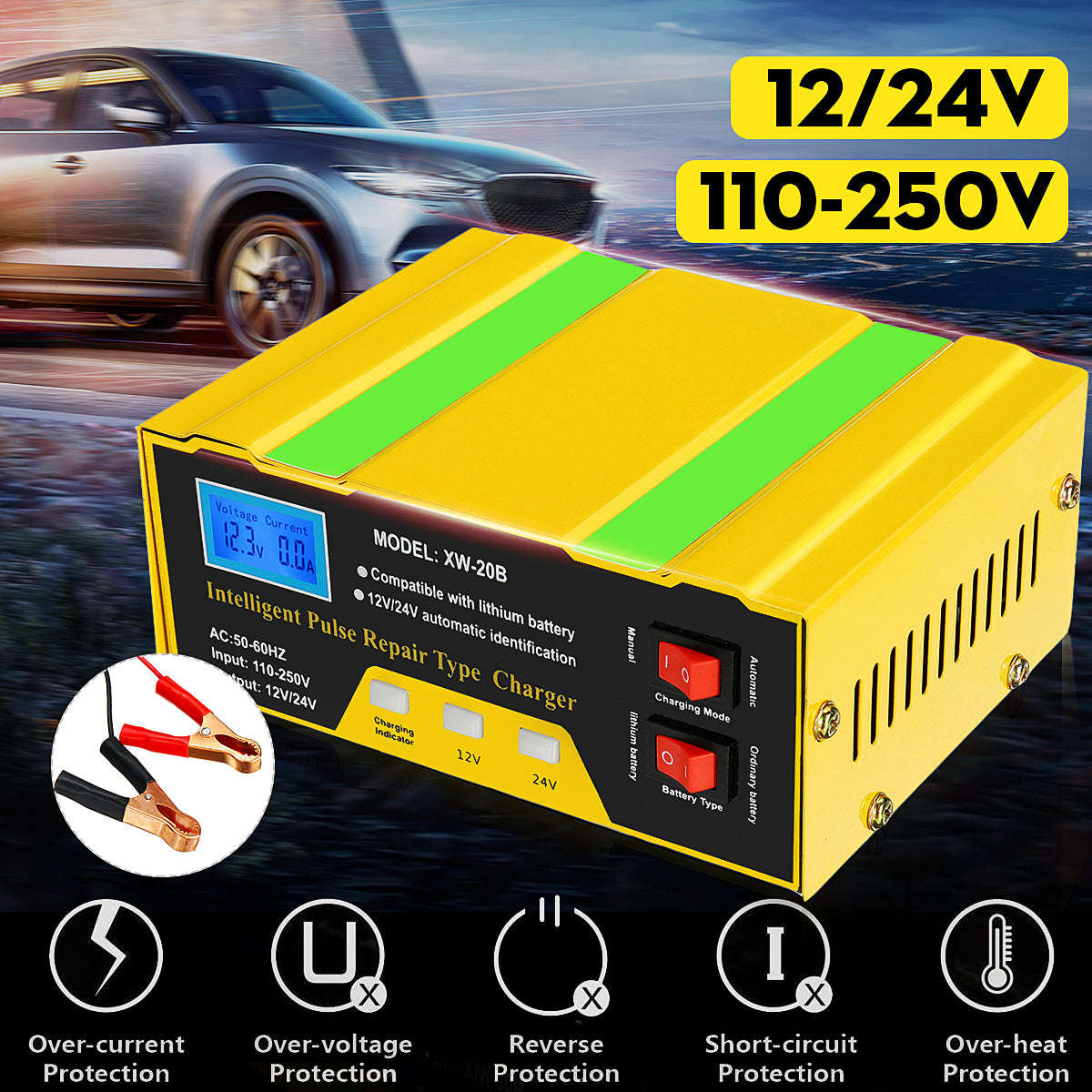12V/24V Car Battery Charger Full Auto Intelligent 10A Pulse Repair Maintenance