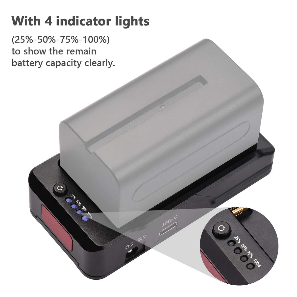 NP-F Battery Charger Metal Battery Adapter Plate with Type-C Charging Port DC12V DC7.4V USB Outputs