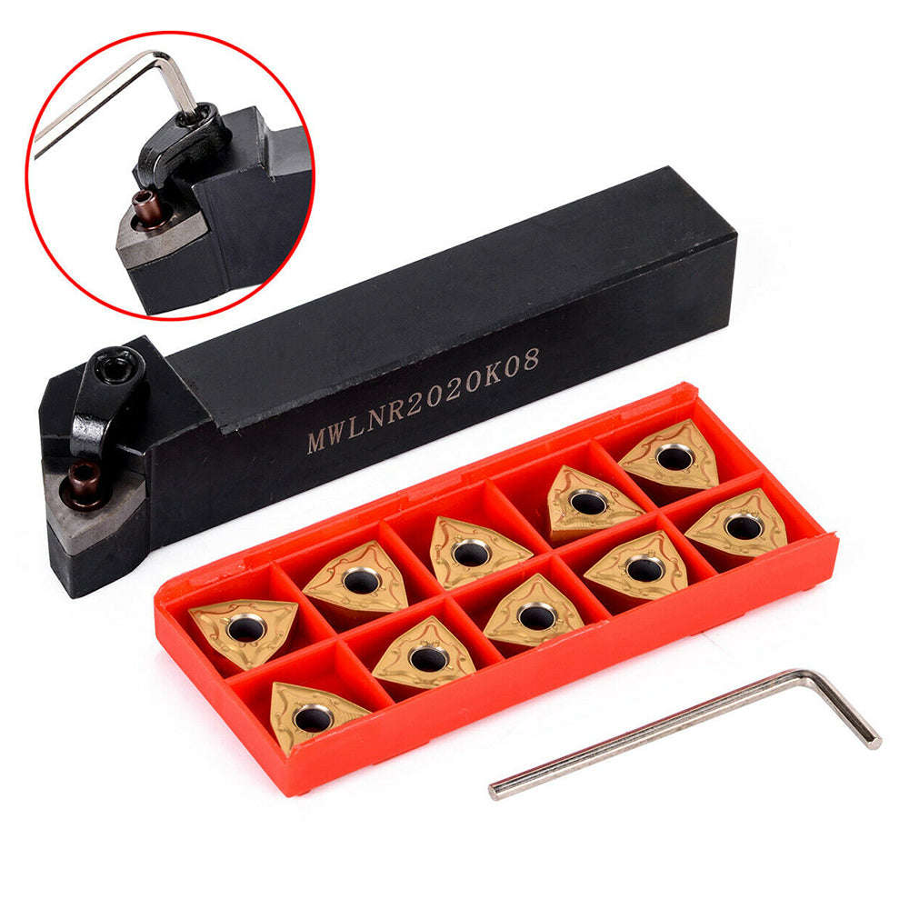 MWLNR2020K08 Holder + 10Pcs WNMG080404 Carbide Inserts + Wrench for Lathe Turning