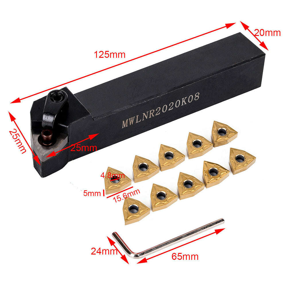MWLNR2020K08 Holder + 10Pcs WNMG080404 Carbide Inserts + Wrench for Lathe Turning