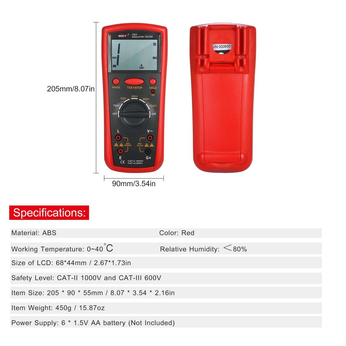 Insulation Resistance Meter Digital Ohmmeter Handheld Insulation Tester 0.1M-2000M Auto-Rang