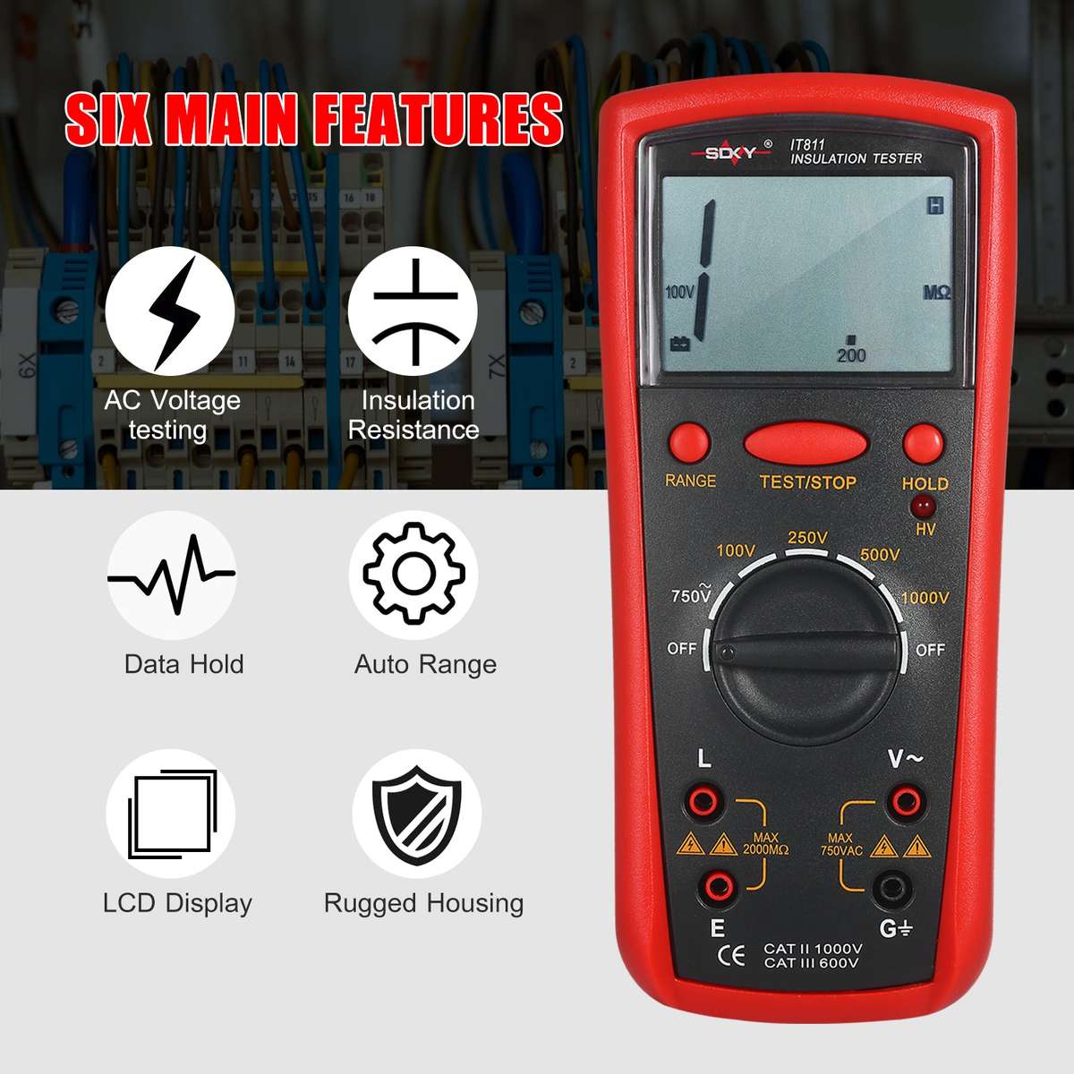Insulation Resistance Meter Digital Ohmmeter Handheld Insulation Tester 0.1M-2000M Auto-Rang