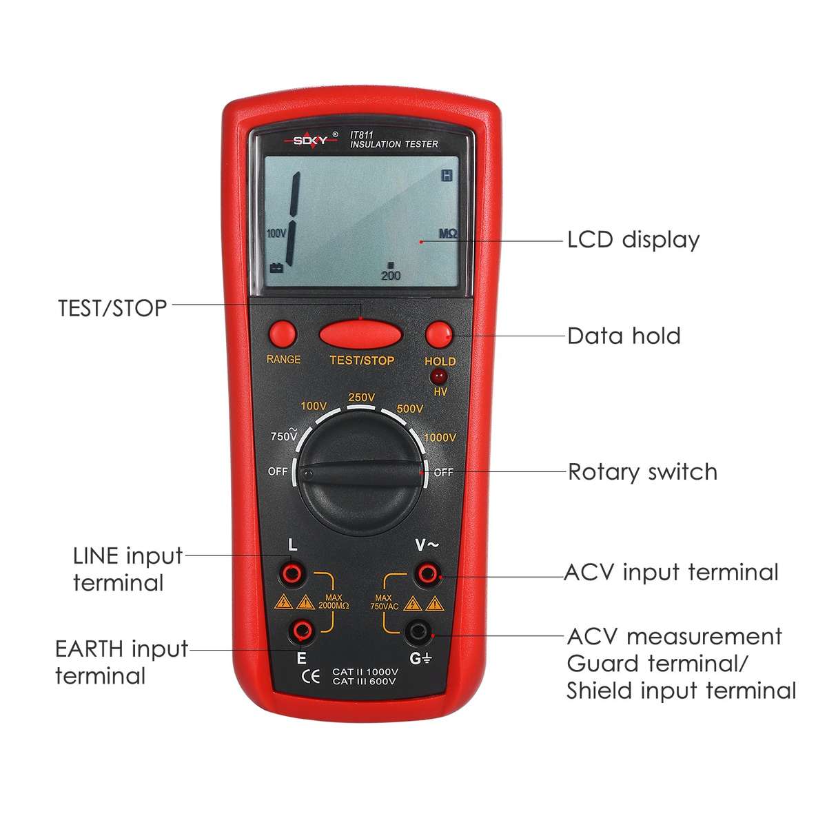 Insulation Resistance Meter Digital Ohmmeter Handheld Insulation Tester 0.1M-2000M Auto-Rang