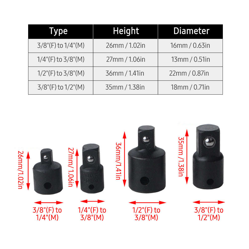 4 PCS Impact Socket Adapter Reducer 1/4-Inch 3/8-Inch 1/2-Inch Impact Driver Conversions Steel Power