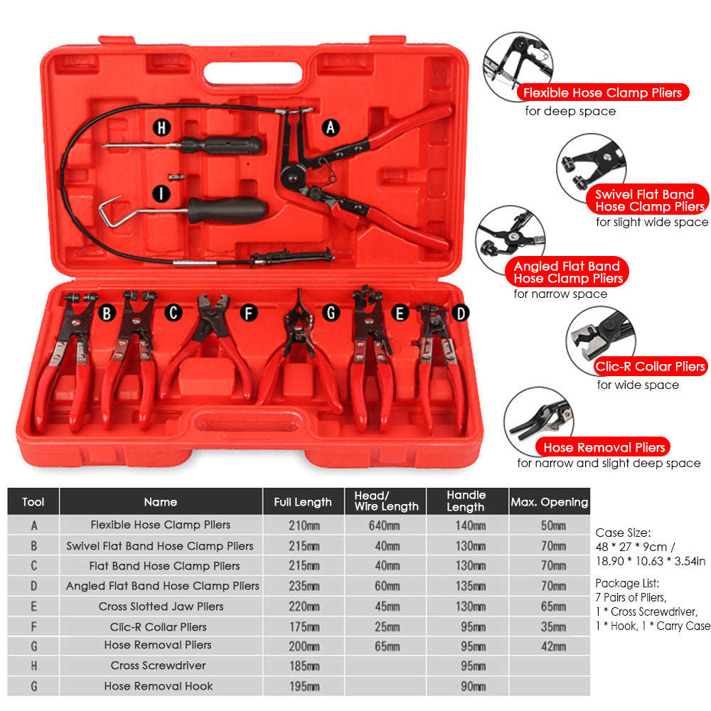 9 PCS Flexible Wire Long Reach Hose Clamp Pliers Kit Automobile Hose Remover Pliers Fuel Oil Water S