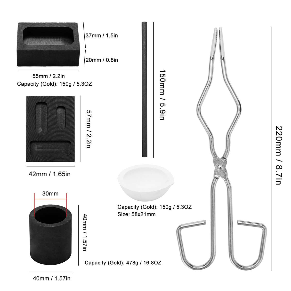 6 Pcs Torch Melting Silver Graphite Crucible Kit Graphite Crucible Cup Tongs Melting Bowl Graphite S