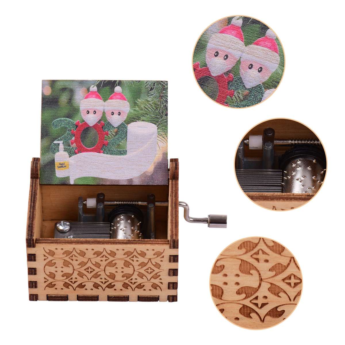 Mini Wooden Hand Crank Music Box with Vintage Engraved Patterns Christmas Festival Musical Gi