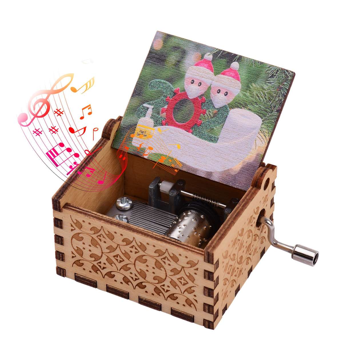 Mini Wooden Hand Crank Music Box with Vintage Engraved Patterns Christmas Festival Musical Gi