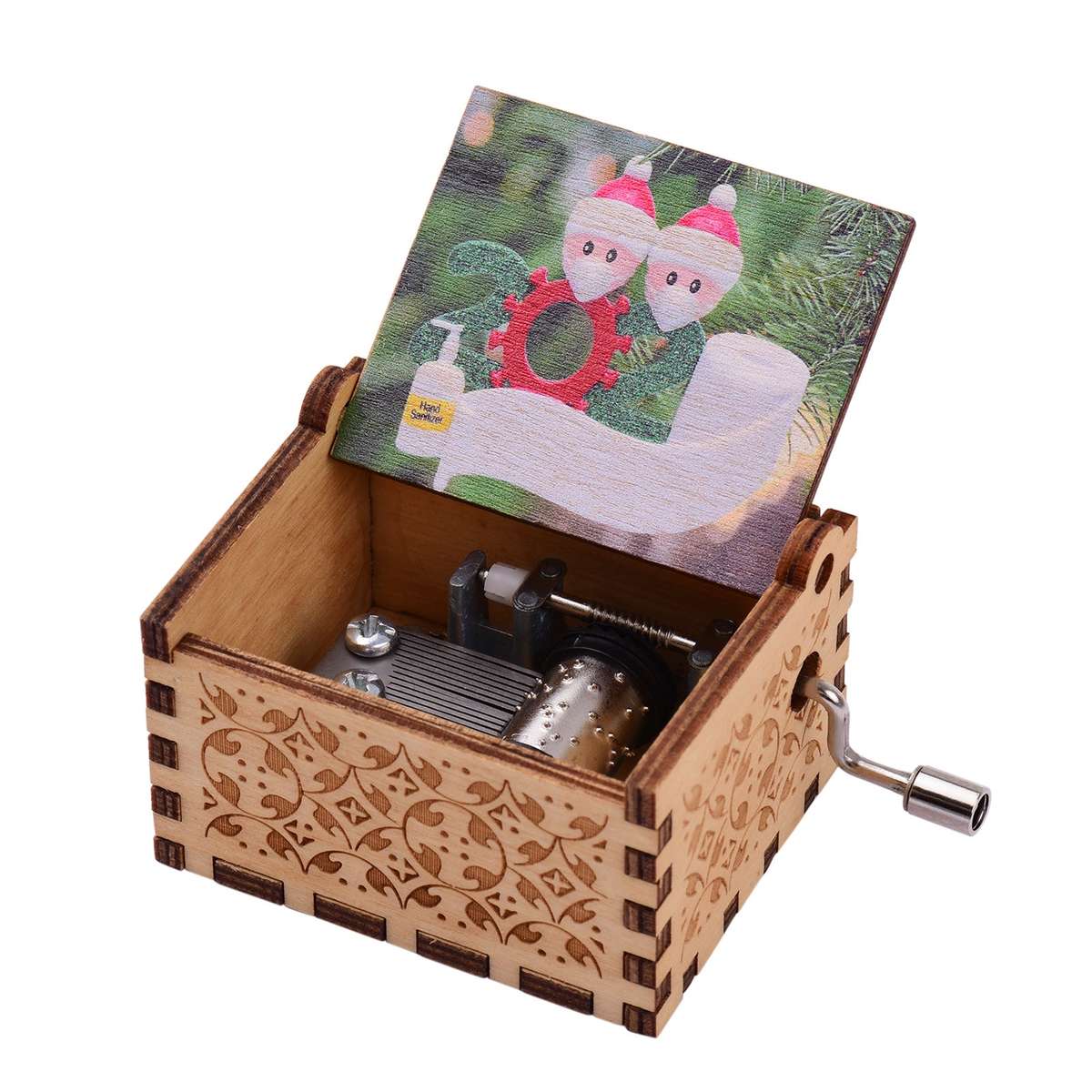 Mini Wooden Hand Crank Music Box with Vintage Engraved Patterns Christmas Festival Musical Gi