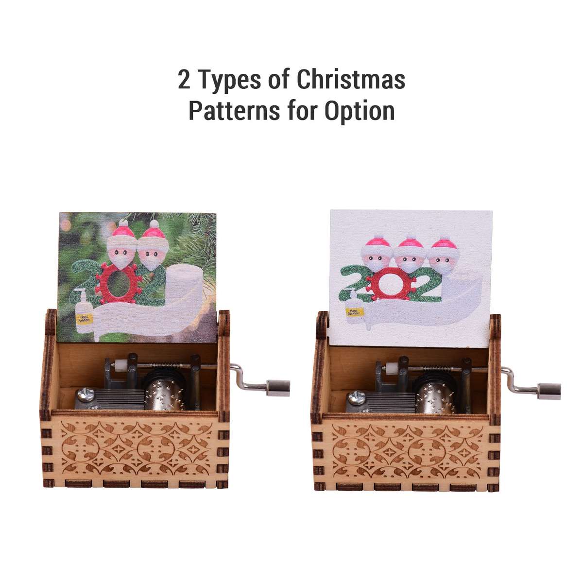Mini Wooden Hand Crank Music Box with Vintage Engraved Patterns Christmas Festival Musical Gi