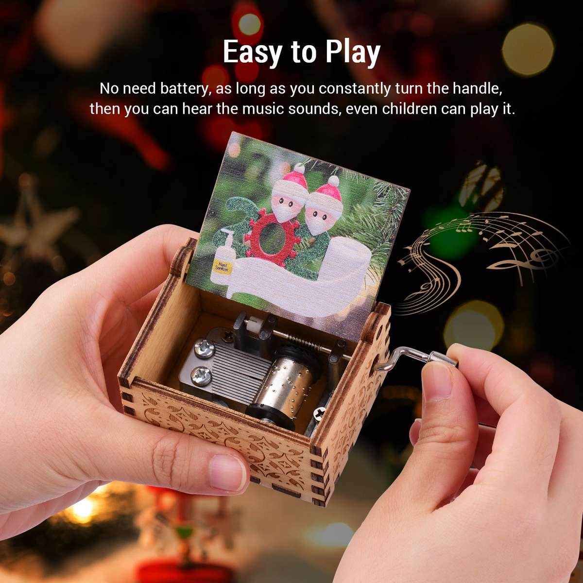 Mini Wooden Hand Crank Music Box with Vintage Engraved Patterns Christmas Festival Musical Gi
