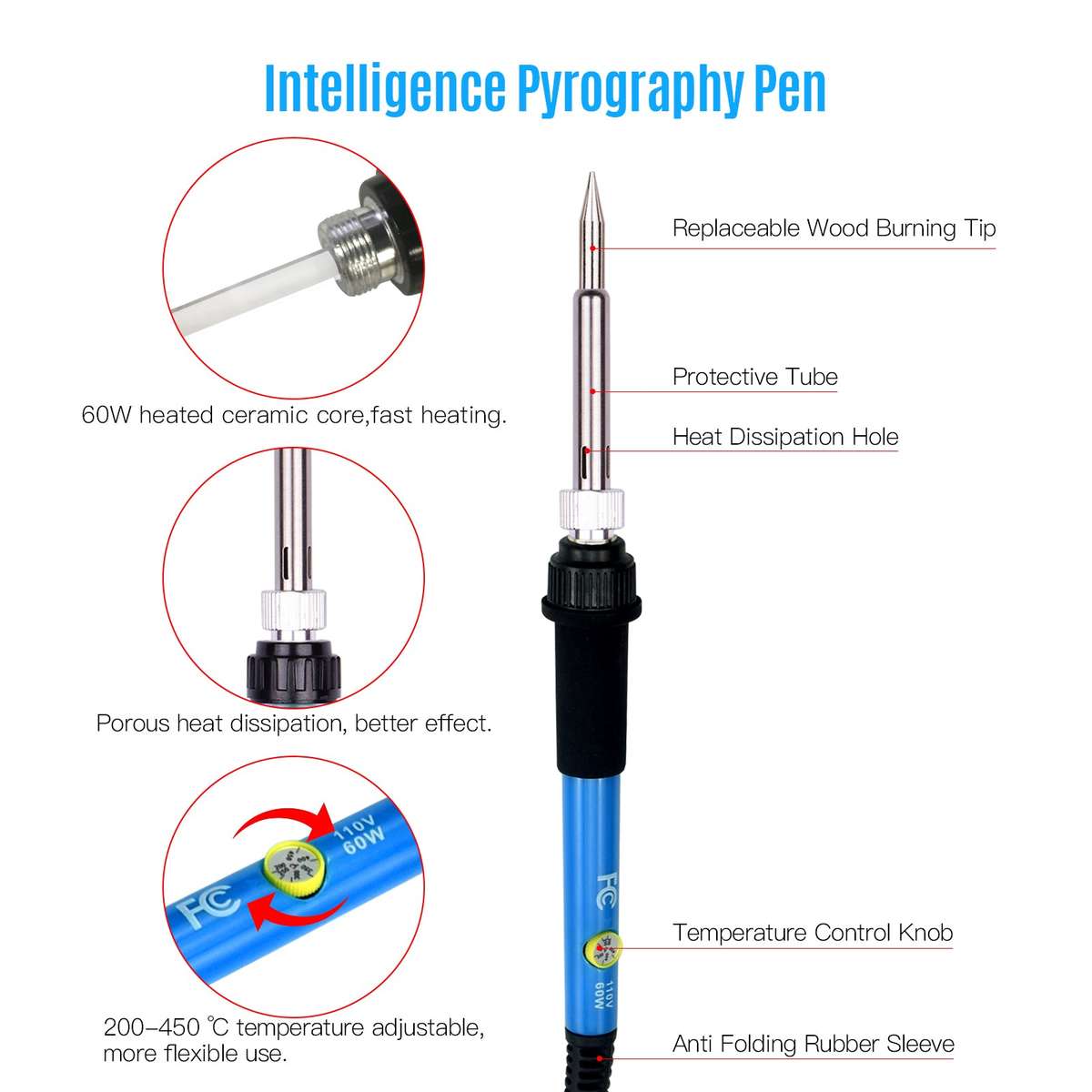 39 Pieces Wood Burning Tool Kit Pyrography Pen Adjustable Temperature from 200-450 for Begin
