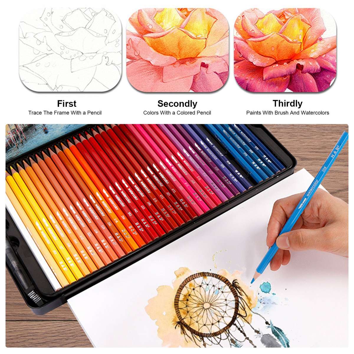 H&B 72 Professional Water-color Pencils Art Kit Set Water-Soluble Colored Pencils with 1 * Fo