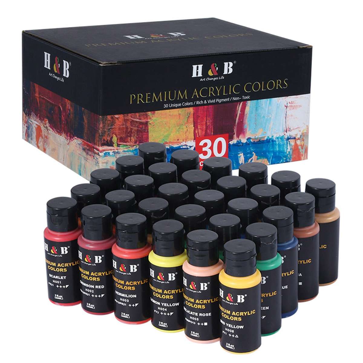 H&B 30 Vivid Colors Acrylic Paint Set 60ml/2 fl.oz Each Bottle Non Toxic Rich Pigments Art Cr