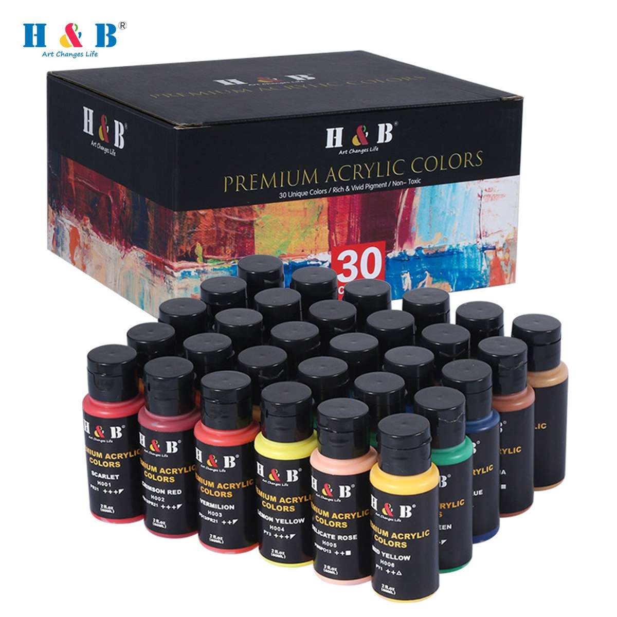 H&B 30 Vivid Colors Acrylic Paint Set 60ml/2 fl.oz Each Bottle Non Toxic Rich Pigments Art Cr