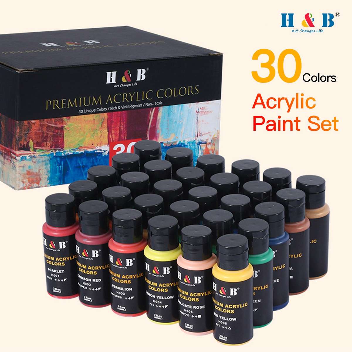 H&B 30 Vivid Colors Acrylic Paint Set 60ml/2 fl.oz Each Bottle Non Toxic Rich Pigments Art Cr