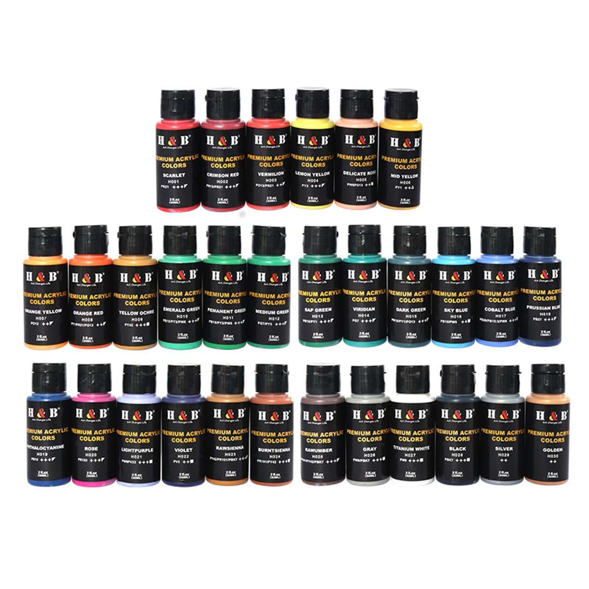 H&B 30 Vivid Colors Acrylic Paint Set 60ml/2 fl.oz Each Bottle Non Toxic Rich Pigments Art Cr