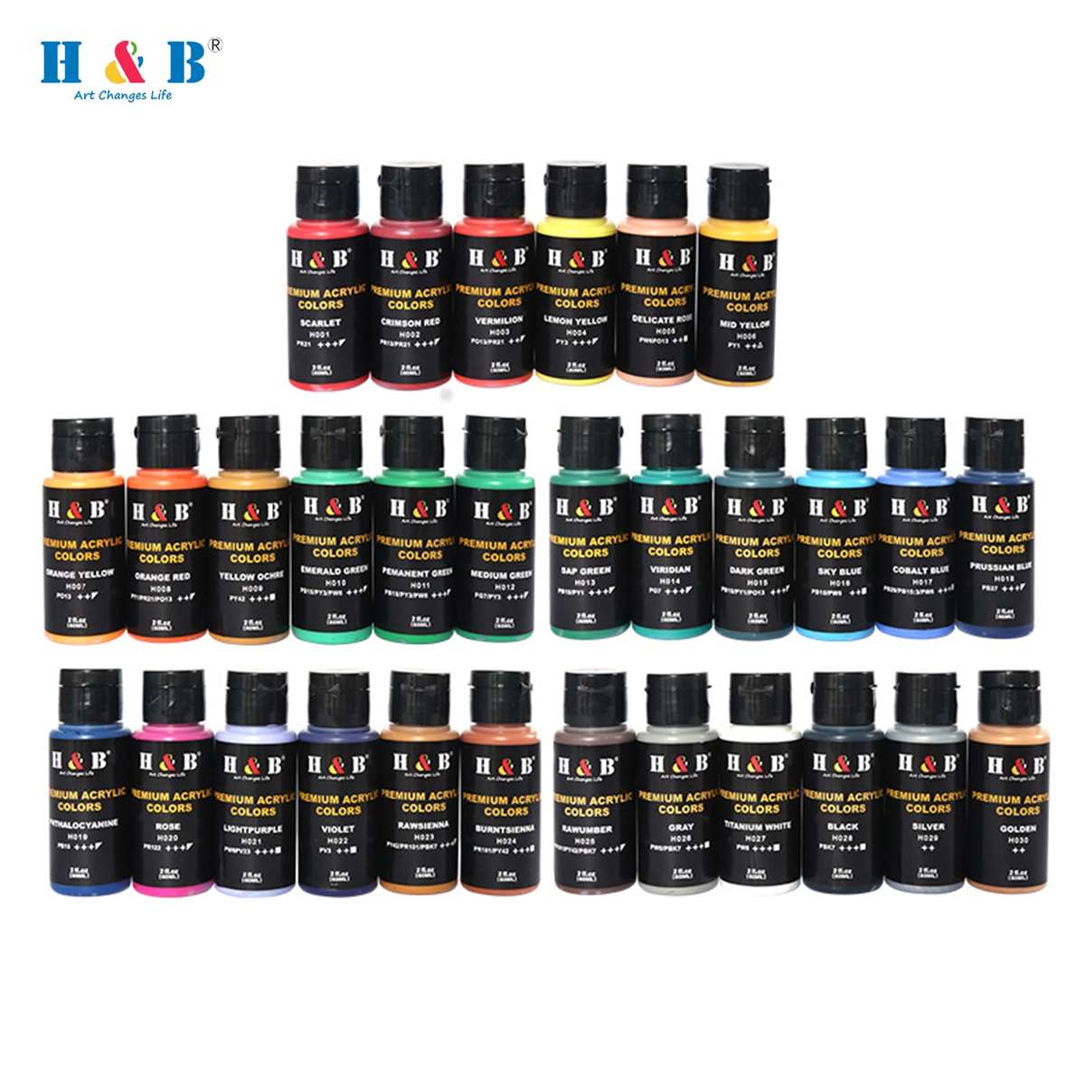 H&B 30 Vivid Colors Acrylic Paint Set 60ml/2 fl.oz Each Bottle Non Toxic Rich Pigments Art Cr