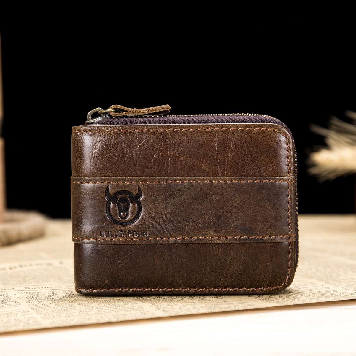 Leather Bifold Zipper Wallet for Men Travel Purse Pouch Gift