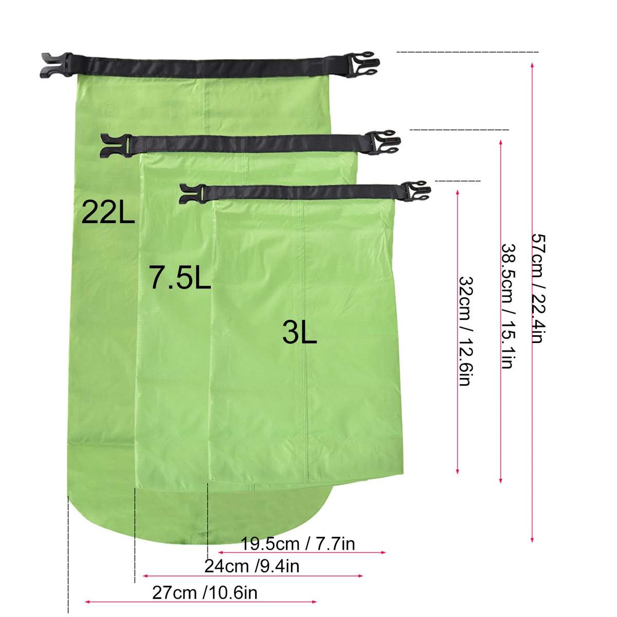 3 Pack Waterproof Bag 3L 7.5L 22L Outdoor Ultralight Roll Top Dry Sacks with Shoulder Strap f