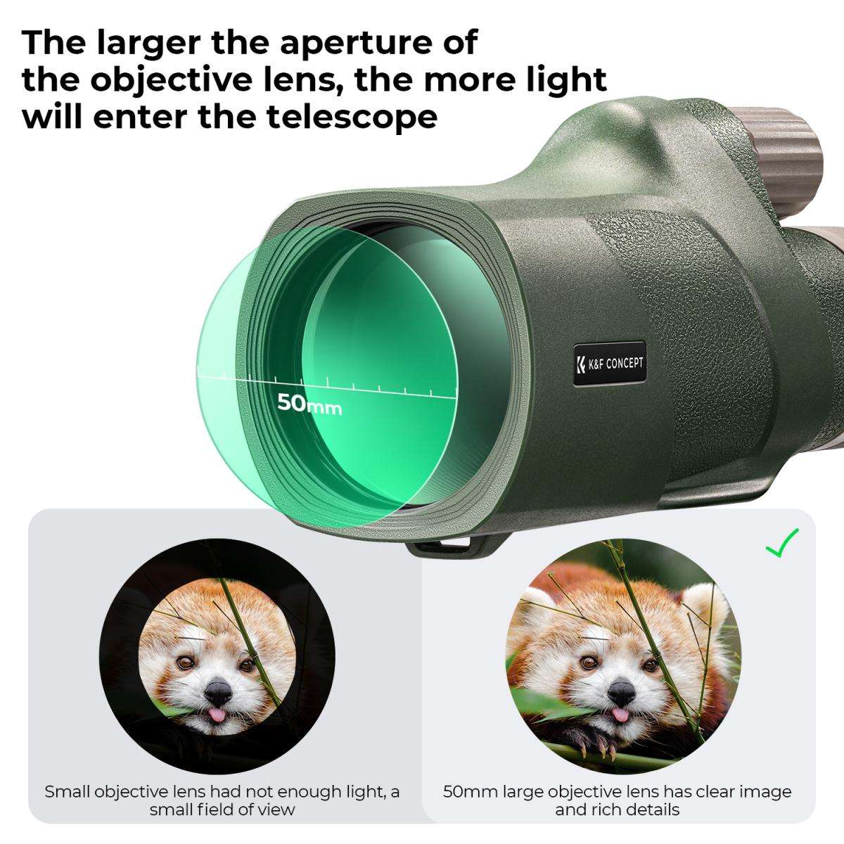 K&F 12X50 BAK4 HD Monocular Waterproof, Easy Focus Tripod Mount - Green