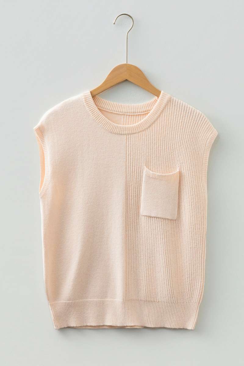 Jet Stream Solid Color Mixed Knits Patch Pocket Short Sleeve Sweater