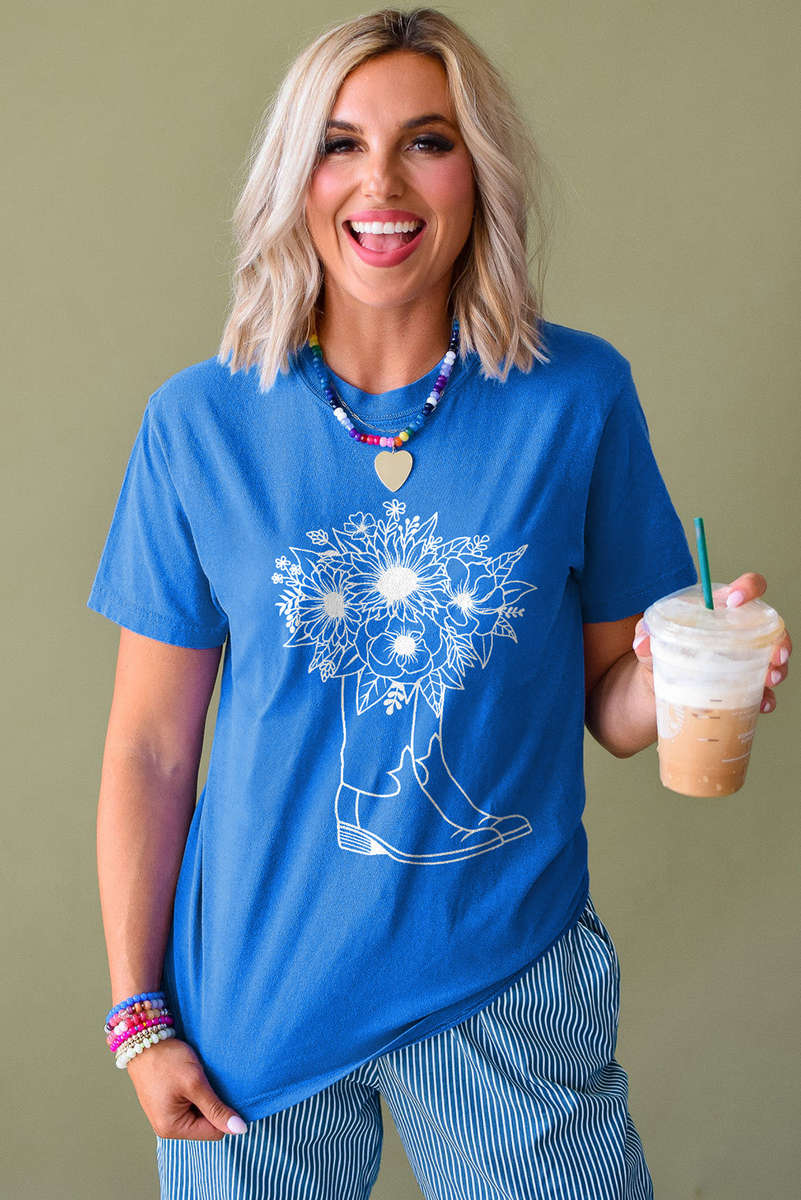 Blue Sunflower Boots Graphic Western Fashion T Shirt