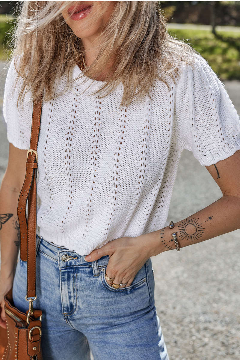White Pointelle Knit Short Puff Sleeve Crewneck Sweater