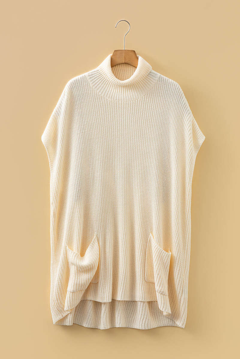 Jet Stream Plain Knit Casual Turtleneck Short Sleeve Tunic Sweater with Pockets