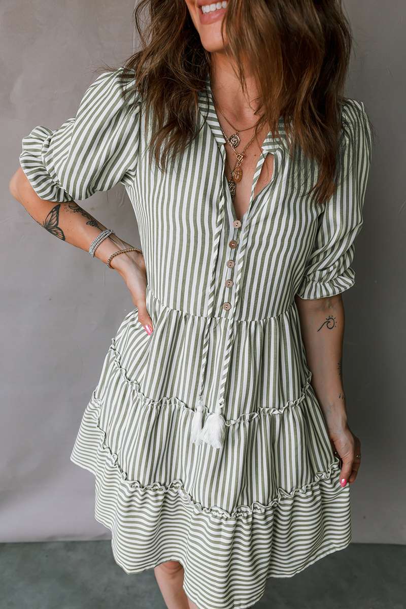 Green Stripe Tasseled Tie Neck Ruffled Short Sleeve Tiered Flattering Dress