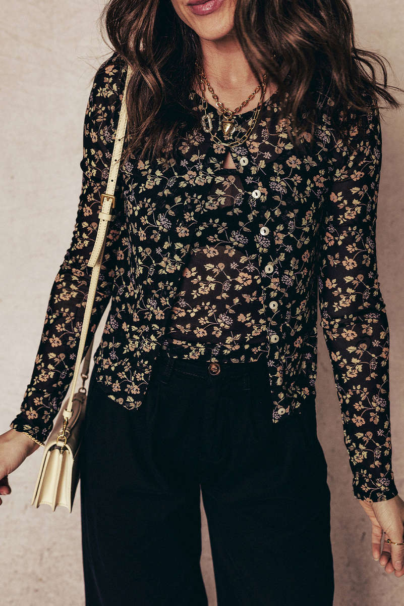 Black Floral Print Mesh Tank Button Front Slim Cardigan 2pcs Set