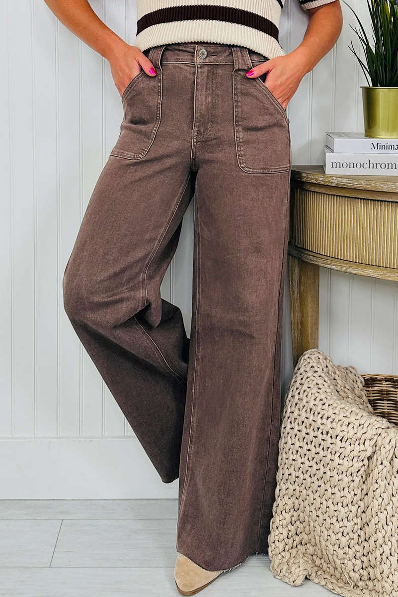 Dark Brown Retro Washed Patch Pocket Loose Jeans