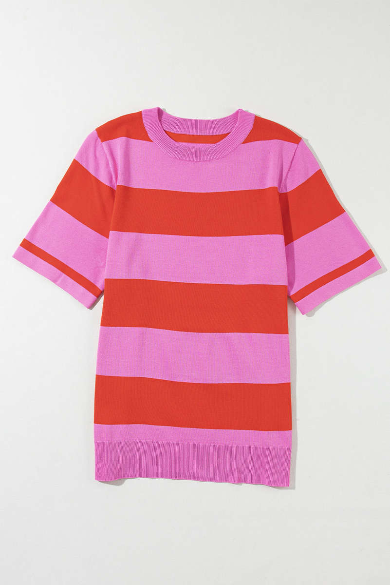 Bright Pink Colorblock Striped Knitted T shirt