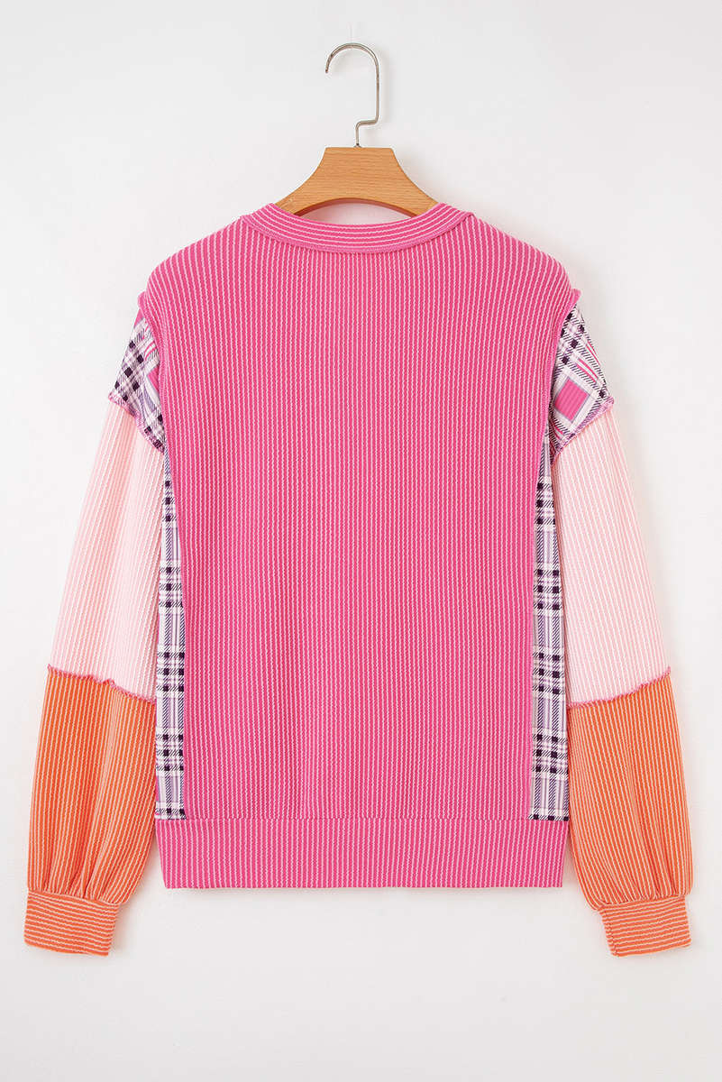 Rose Red Corded Texture Plaid Colorblock Patchwork Split Neck Long Sleeve Top