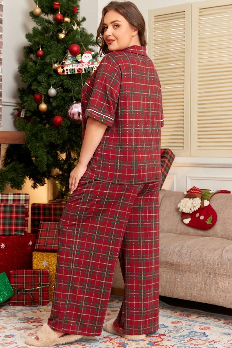 Red Plus Size Plaid Short Sleeve Shirt Loose Pants 2pcs Pajama Set