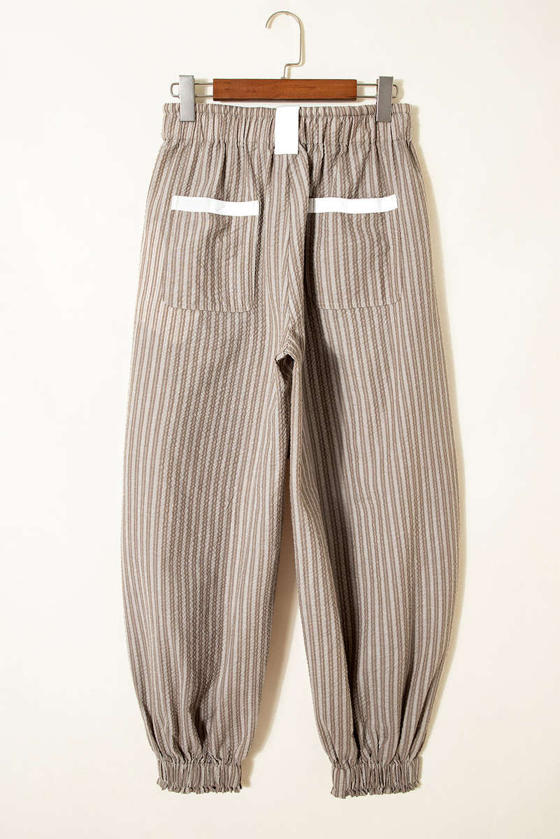 Brown Stripe Drawstring Cargo Jogger Pants with Pockets
