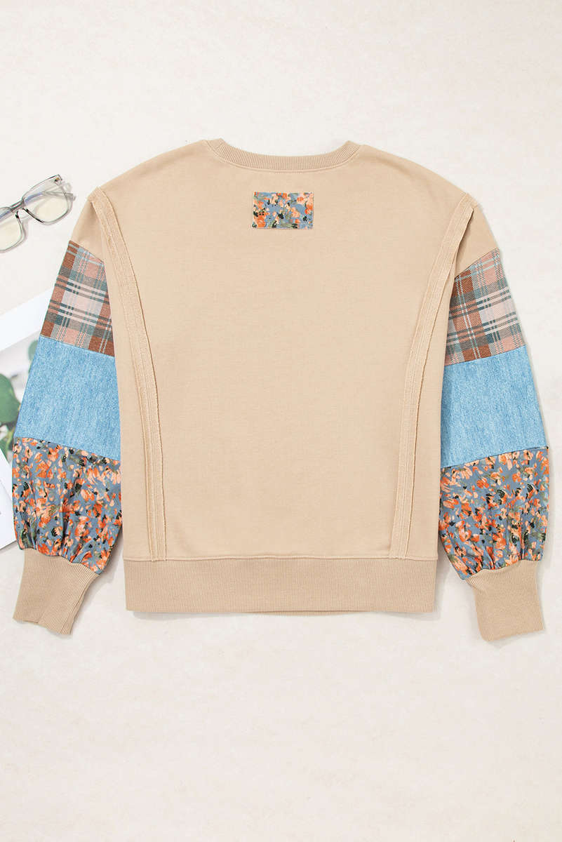 Smoke Gray Plaid Colorblock Patchwork Sleeve Raw Seam Sweatshirt