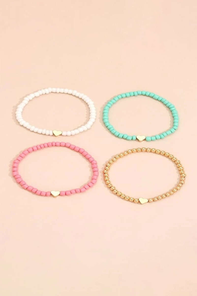 Pink Heart Beaded Multi Layered Bracelet Set