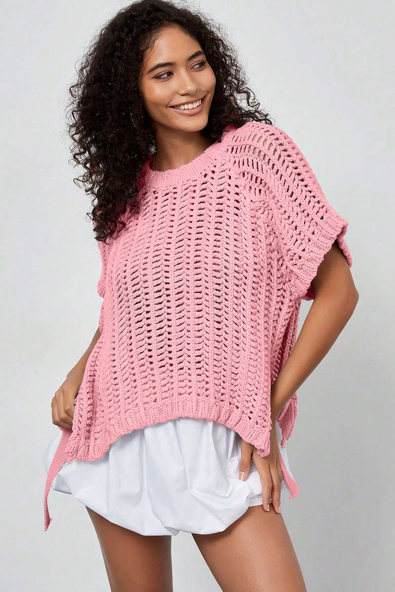 Pink Plus Size Open Knit Bow Tie Short Sleeve Sweater