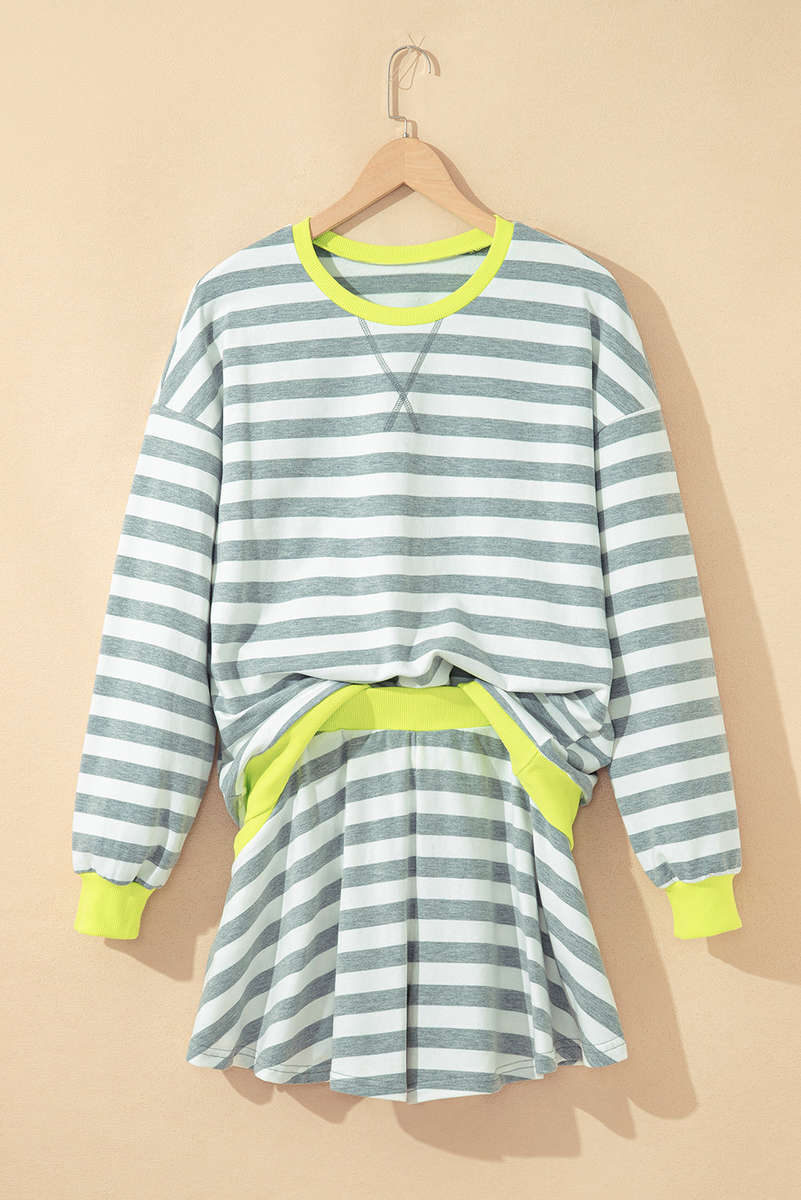 Gray Stripe Contrast Ribbed Banding Long Sleeve Blouse Loose Shorts Set