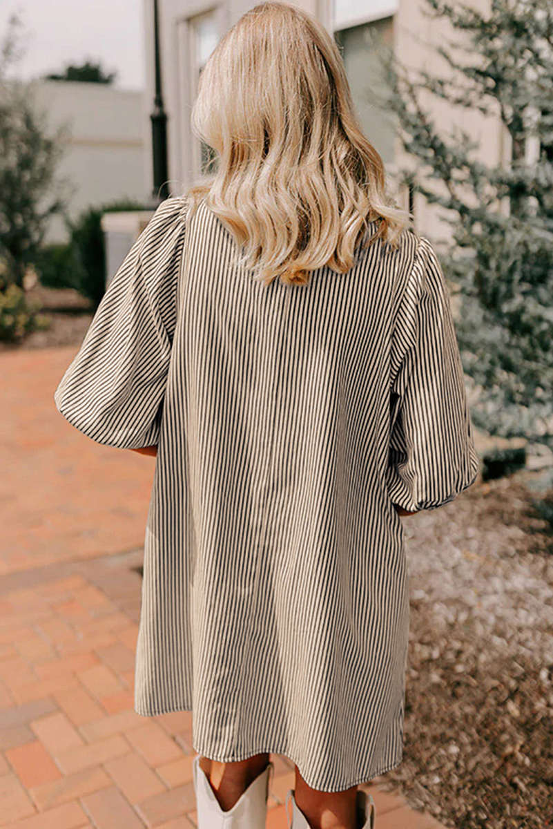 Black Stripe Color Block Patchwork Shirt Collar Button Down Puff Sleeve Mini Dress