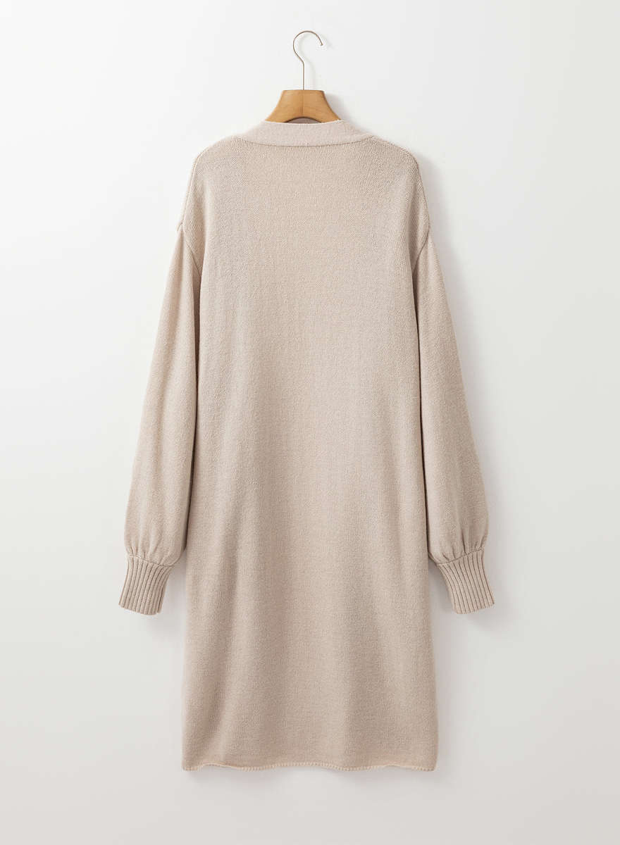 Beige Side Pockets Open Front Long Knitted Cardigan